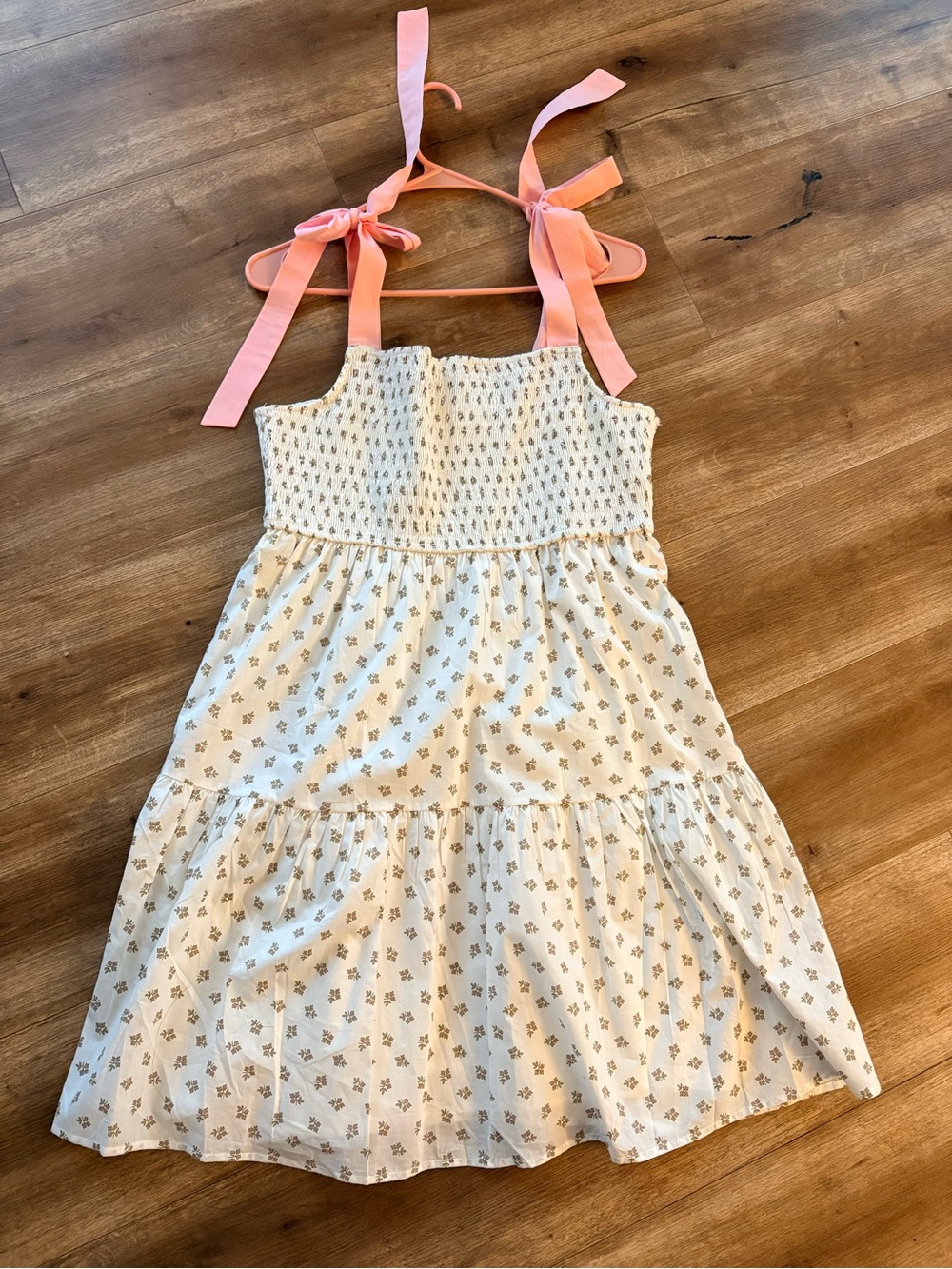Cream Floral Tiered Dress with Pink Tie Straps